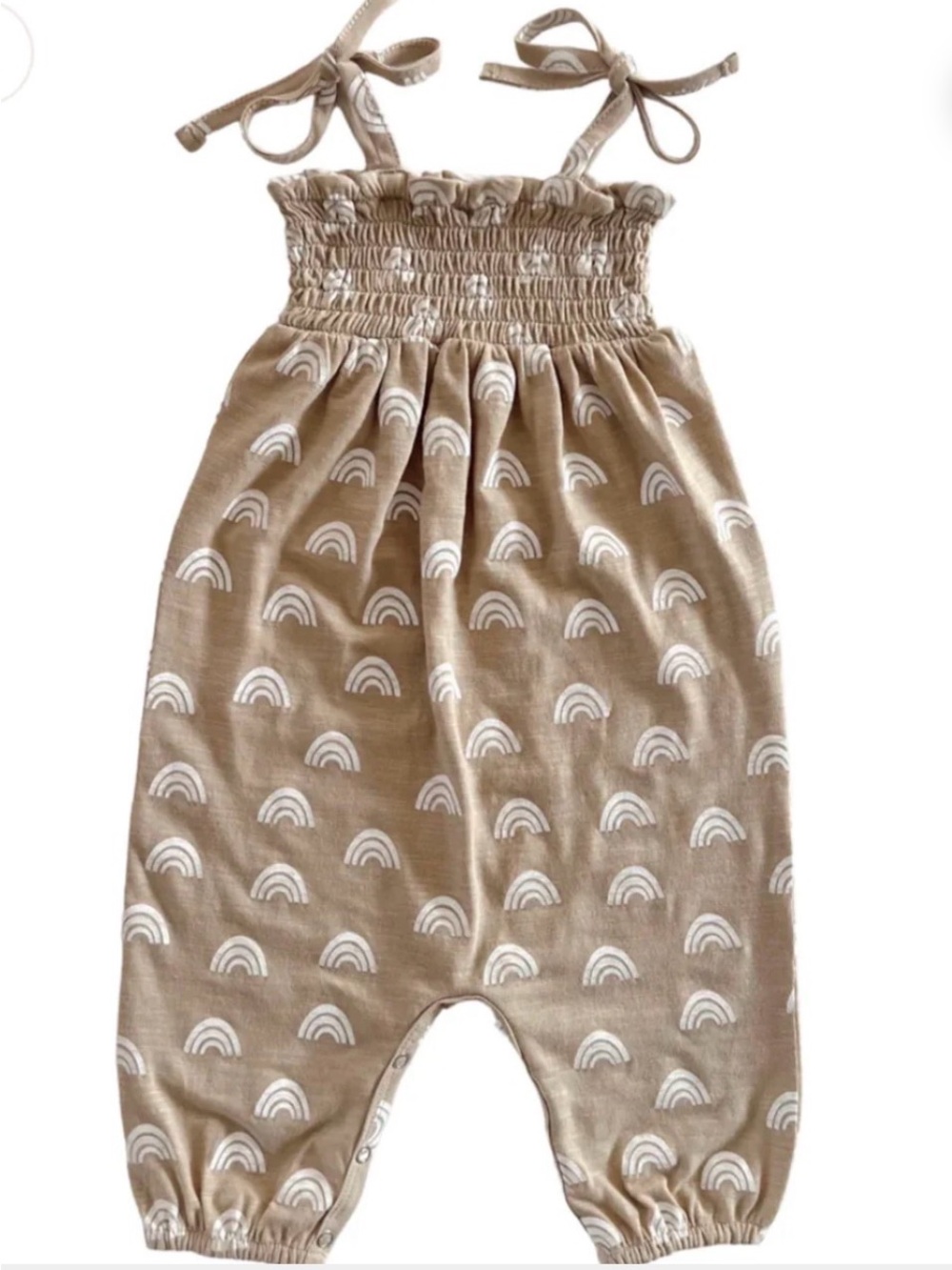 Kids Smocked Strap One-Piece Romper in Beige with White Rainbows